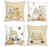 Bonhause Autumn Pumpkins Cushion Covers 45 x 45 cm Gnome Leaf Truck Orange Decorative Throw Pillow Covers for Sofa Couch Bed Home Garden Patio Decor Set of 4