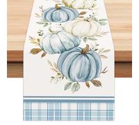 Bonhause Autumn Pumpkins Eucalyptus Leaves Table Runners for Kitchen Dinning Table Decoration, Buffalo Plaid Fall Thanksgiving Table Runner for Indoor Outdoor Home Holiday Party Decor(33 x 183 cm)