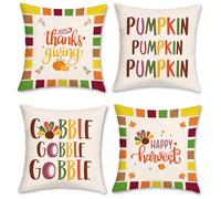 Bonhause Autumn Thanksgiving Cushion Covers 45 x 45 cm Colorful Pumpkin Happy Harvest Decorative Throw Pillow Covers for Sofa Couch Bed Home Garden Patio Decor Set of 4