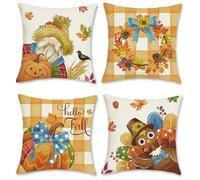 Bonhause Autumn Thanksgiving Cushion Covers 45 x 45 cm Pumpkin Fall Leaf Wreath Turkey Orange Decorative Throw Pillow Covers for Sofa Bed Home Garden Outdoor Decor Set of 4