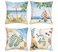 Bonhause Beach Cushion Covers 45 x 45 cm Starfish Surfboard Palm Tree Seaside Scenery Decorative Throw Pillow Covers Soft Velvet Pillowcases for Sofa Outdoor Home Decor Set of 4 (BHP0187)