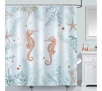 Bonhause Beach Seahorse Shower Curtain 180 x 180 cm Starfish Coral Ocean Coastal Bathroom Curtain Mildew & Mould Resistant Polyester Fabric Bath Curtain with 12 Hooks