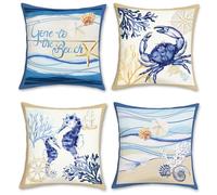 Bonhause Beach Seaside Cushion Covers 45 x 45 cm Seahorse Starfish Shell Crab Coral Decorative Throw Pillow Covers Soft Velvet Pillowcases for Sofa Patio Home Summer Decor Set of 4