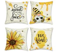 Bonhause Bee Sunflower Cushion Covers 45 x 45 cm Spring Honey Gnome Decorative Throw Pillow Covers Yellow Pillowcases for Sofa Garden Patio Outdoor Decor Set of 4