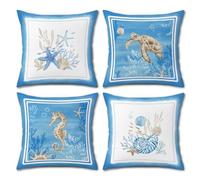 Bonhause Blue Ocean Cushion Covers 45 x 45 cm Coastal Beach Sea Turtle Seahorse Conch Starfish Throw Pillow Covers Soft Velvet Pillowcases for Sofa Patio Summer Decor Set of 4