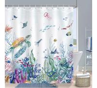 Bonhause Blue Ocean Seaworld Shower Curtain, Nautical Beach Turtle Octopus Bathroom Curtain 180 x 180 cm Waterproof Mildew and Mould Resistant Polyester Fabric Bath Curtain with 12 Hooks