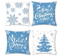 Bonhause Blue Winter Cushion Covers 45 x 45 cm Snowflakes Xmas Tree Decorative Throw Pillow Covers Velvet Pillowcases for Sofa Bed Home Winter Holiday Decor Set of 4