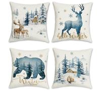 Bonhause Blue Winter Reindeer Cushion Covers 45 x 45 cm Bear Deer Snow Pine Tree Decorative Throw Pillow Covers Polyester Linen Pillowcases for Sofa Bed Winter Holiday Decor Set of 4