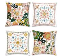 Bonhause Boho Cushion Covers 45 x 45 cm Bohemian Flowers Leaves Decorative Throw Pillow Covers Soft Velvet Pillowcases for Sofa Bed Patio Home Décor Set of 4