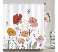 Bonhause Boho Floral Shower Curtain, Orange Flower Birds Wildflower Bathroom Curtain 180 x 180 cm Waterproof Mildew and Mould Resistant Polyester Fabric Bath Curtain with 12 Hooks