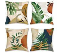 Bonhause Boho Leaves Cushion Covers 45 x 45 cm Modern Green Tropical Leaf Decorative Throw Pillow Covers for Sofa Garden Patio Home Spring Decor Set of 4