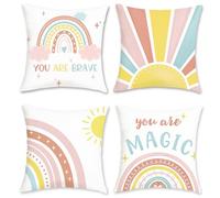 Bonhause Boho Rainbow Cushion Covers 45 x 45 cm Sun You are Brave Colorful Decorative Throw Pillow Covers for Sofa Couch Bed Home Patio Nursery Room Decor Set of 4