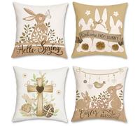 Bonhause Bunny Cushion Covers 45 x 45 cm Brown Rabbit Eggs Cross Decorative Throw Pillow Covers Khaki Pillowcases for Sofa Bed Home Decor Set of 4