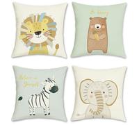 Bonhause Cartoon Animals Cushion Covers 45 x 45 cm Lion Bear Zebra Elephant Polyester Linen Decorative Throw Pillow Covers for Sofa Couch Bed Home Patio Outdoor Decor Set of 4