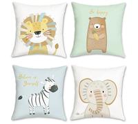 Bonhause Cartoon Animals Cushion Covers 45 x 45 cm Lion Bear Zebra Elephant Soft Velvet Decorative Throw Pillow Covers for Sofa Couch Bed Home Patio Decor Set of 4