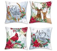 Bonhause Christmas Cushion Covers 45 x 45 cm Both Sides Reindeer Red Cardinal Floral Pillow Covers Soft Velvet Decorative Winter Pillowcase for Sofa Home Christmas Decor Set of 4