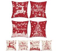Bonhause Christmas Cushion Covers 45 x 45 cm Both Sides Reindeer Snowflake Red Pillow Covers Polyester Linen Decorative Pillowcase for Sofa Home Winter Xmas Decor Set of 4