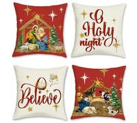 Bonhause Christmas Cushion Covers 45 x 45 cm Holy Night Jesus Xmas Trees Animals Red Decorative Throw Pillow Covers for Sofa Couch Bed Home Winter Holiday Decor Set of 4