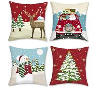Bonhause Christmas Cushion Covers 45 x 45 cm Reindeer Christmas Tree Snowman Truck Decorative Throw Pillow Covers for Sofa Bed Winter Xmas Decor Set of 4