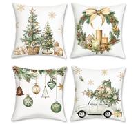 Bonhause Christmas Cushion Covers 45 x 45 cm Xmas Trees Balls Pine Leaves Cones Truck Decorative Throw Pillow Covers for Sofa Couch Bed Home Winter Holiday Decor Set of 4