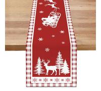 Bonhause Christmas Deer Pine Tree Table Runners for Kitchen Dinning Table Decoration, Red White Buffalo Plaid Winter Table Runner for Indoor Outdoor Home Holiday Party Decor(33 x 183 cm)