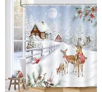Bonhause Christmas Deer Shower Curtain, Cardinals on Pine Branches Winter Forest Bathroom Curtain 180 x 180 cm Waterproof Mildew and Mould Resistant Polyester Fabric Bath Curtain with 12 Hooks