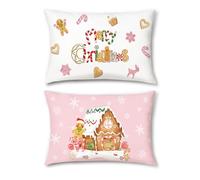 Bonhause Christmas Gingerbread Cushion Covers 30 x 50 cm Bakery House Snowflakes Pink Decorative Throw Pillow Covers for Sofa Bed Home Patio Winter Holiday Decor Set of 2