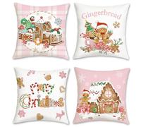 Bonhause Christmas Gingerbread Cushion Covers 45 x 45 cm Truck Gingerbread House Hot Cocoa Pink Decorative Throw Pillow Covers for Sofa Bed Home Winter Holiday Decor Set of 4