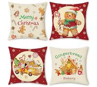 Bonhause Christmas Gingerbread Cushion Covers 45 x 45 cm Xmas Bakery House Truck Decorative Throw Pillow Covers for Sofa Bed Home Patio Winter Holiday Decor Set of 4