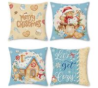 Bonhause Christmas Gingerbread Cushion Covers 45 x 45 cm Xmas Gingerbread Man House Bakery Polyester Linen Decorative Pillow Covers for Sofa Bed Home Winter Holiday Decor Set of 4