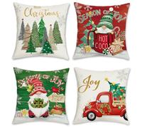 Bonhause Christmas Gnome Cushion Covers 45 x 45 cm Merry Christmas Tree Red Truck Decorative Throw Pillow Covers Polyester Linen Pillowcases for Sofa Bed Winter Xmas Decor Set of 4