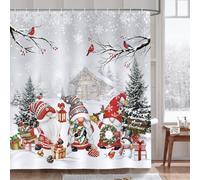 Bonhause Christmas Gnomes Shower Curtain, Xmas Tree Cardinals Grey Winter Bathroom Curtain 180 x 180 cm Waterproof Mildew and Mould Resistant Polyester Fabric Bath Curtain with 12 Hooks