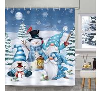 Bonhause Christmas Gnomes Snowman Shower Curtain, Winter Snowy Pine Tree Blue Bathroom Curtain 180 x 180 cm Waterproof Mildew and Mould Resistant Polyester Fabric Bath Curtain with 12 Hooks