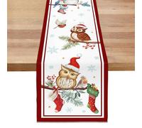Bonhause Christmas Owl Table Runners for Kitchen Dinning Table Decoration, Bird on Pine Branches Snowflakes Winter Table Runner for Indoor Outdoor Home Holiday Party Decor(33 x 183 cm)