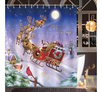 Bonhause Christmas Shower Curtain 180 x 180 cm Santa Claus Reindeer Sleigh Bathroom Curtain Waterproof Mildew & Mould Resistant Polyester Fabric Bath Curtain with 12 Hooks