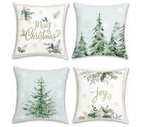 Bonhause Christmas Tree Pine Cushion Covers 45 x 45 cm Green Pine Tree Snowflake Joy Xmas Decorative Throw Pillow Covers Soft Velvet Pillowcases for Sofa Bed Home Holiday Decor Set of 4