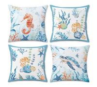 Bonhause Coastal Beach Cushion Covers 45 x 45 cm Ocean Sea Turtle Seahorse Coral Decorative Throw Pillow Covers Pillowcases for Sofa Couch Bed Home Summer Decor Set of 4