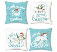 Bonhause Coastal Christmas Cushion Covers 45 x 45 cm Sea Turtle Crab Starfish Blue Decorative Throw Pillow Covers for Sofa Bed Home Patio Winter Holiday Decor Set of 4