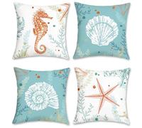 Bonhause Coastal Cushion Covers 45 x 45 cm Double Sided Seahorse Starfish Shell Decorative Blue Throw Pillow Covers for Sofa Bed Patio Home Summer Decor Set of 4