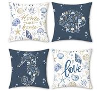 Bonhause Coastal Cushion Covers 45 x 45 cm Seahorse Seashell Starfish Conch Beach Decorative Throw Pillow Covers Navy Blue Pillowcases for Sofa Couch Bed Home Decor Set of 4