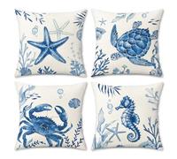 Bonhause Coastal Navy Blue Cushion Covers 45 x 45 cm Sea Turtle Crab Starfish Seahorse Ocean Beach Throw Pillow Covers Pillowcases for Sofa Couch Bed Home Summer Decor Set of 4