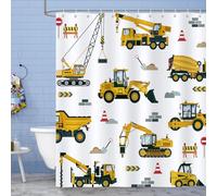 Bonhause Construction Truck Kids Shower Curtain Yellow Cartoon Excavator Cars Bathroom Curtain 180 x 180 cm Waterproof Mildew & Mould Resistant Polyester Fabric Bath Curtain with 12 Hooks