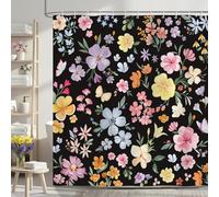 Bonhause Cute Floral Shower Curtain, Boho Flower Modern Black Bathroom Curtain 180 x 180 cm Waterproof Mildew and Mould Resistant Polyester Fabric Bath Curtain with 12 Hooks