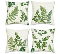 Bonhause Fern Leaves Cushion Covers 45 x 45 cm Green Leaf Plants Spring Decorative Throw Pillow Covers Polyester Linen Pillowcases for Sofa Garden Outdoor Decor Set of 4