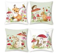 Bonhause Forest Animals Cushion Covers 45 x 45 cm Fox Rabbit Squirrel Mushroom Floral Decorative Pillow Covers for Sofa Garden Kids Baby Nursey Room Decor Set of 4