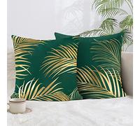 Bonhause Gold Leaves Cushion Covers 45 x 45 cm Gold Foil Printing Decorative Green Throw Pillow Covers Soft Velvet Pillowcases for Sofa Couch Living Room Bed Home Decor Set of 2