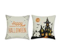 Bonhause Grey Halloween Cushion Covers 45 x 45 cm Castle Black Orange Polyester Linen Decorative Throw Pillow Covers for Sofa Couch Bed Home Garden Outdoor Decor Set of 2