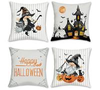 Bonhause Grey Halloween Cushion Covers 45 x 45 cm Gnome Pumpkin Castle Soft Velvet Decorative Throw Pillow Covers for Sofa Couch Bed Home Garden Decor Set of 4
