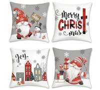 Bonhause Grey Merry Christmas Cushion Covers 45 x 45 cm Joy Gnomes Snowflakes Snowman Decorative Throw Pillow Covers for Sofa Bed Home Winter Holiday Decor Set of 4