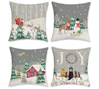 Bonhause Grey Winter Cushion Covers 45 x 45 cm Snowy Pine Tree Snowman Reindeer Decorative Throw Pillow Covers Polyester Linen Pillowcases for Sofa Bed Xmas Holiday Decor Set of 4